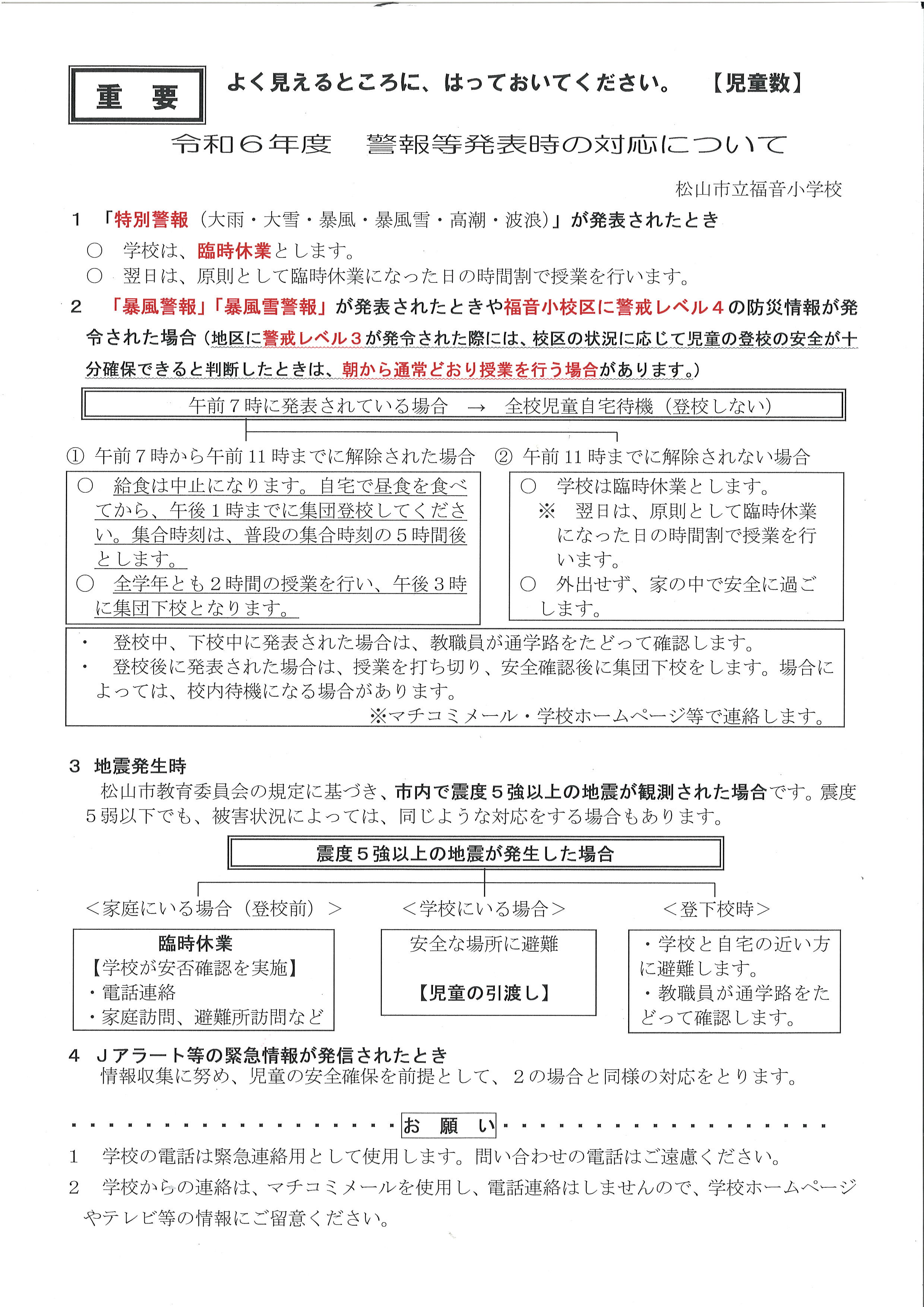 警報等発表時の対応について